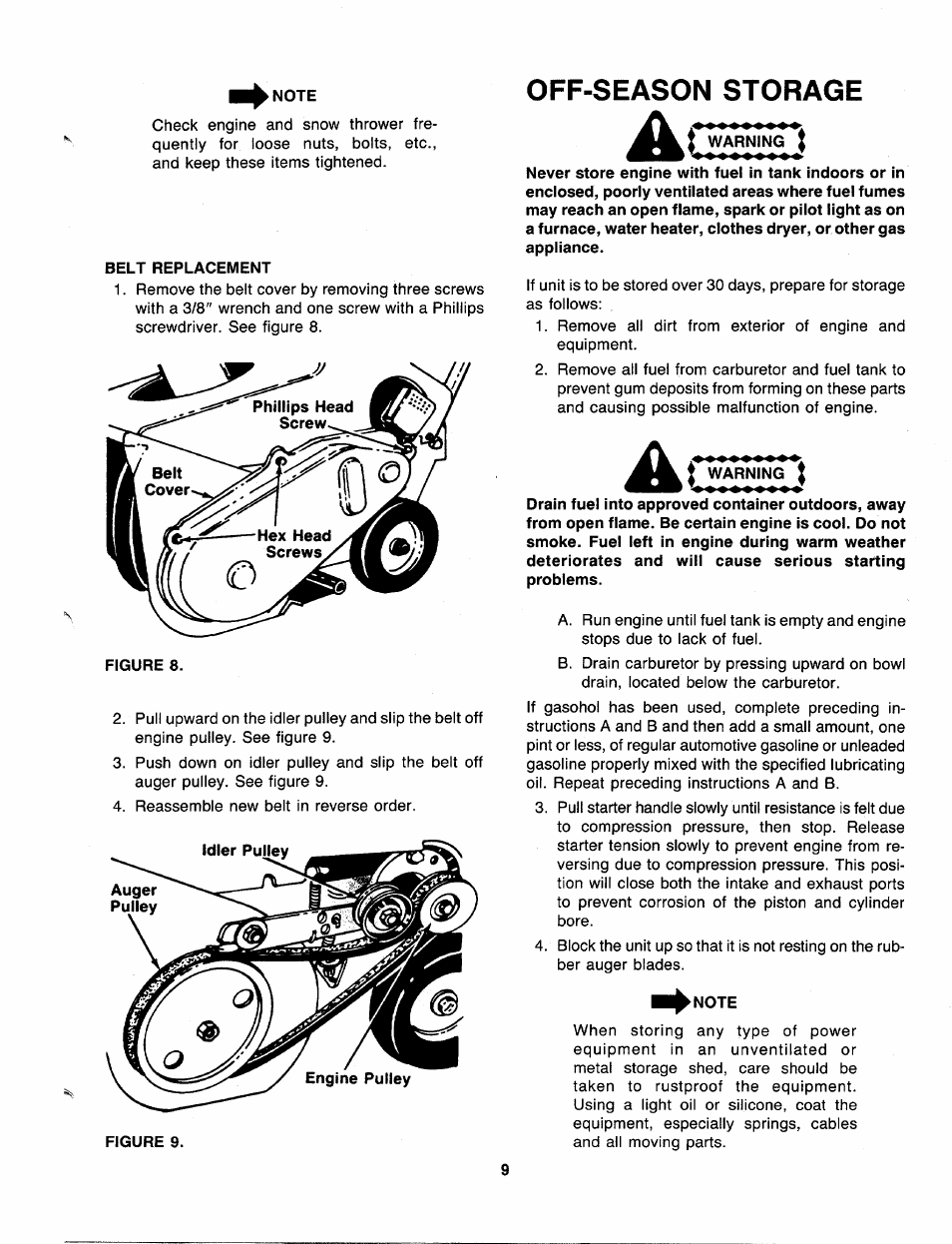 Note, Belt replacement, Off-season storage | MTD 310-181-000 User Manual | Page 9 / 16