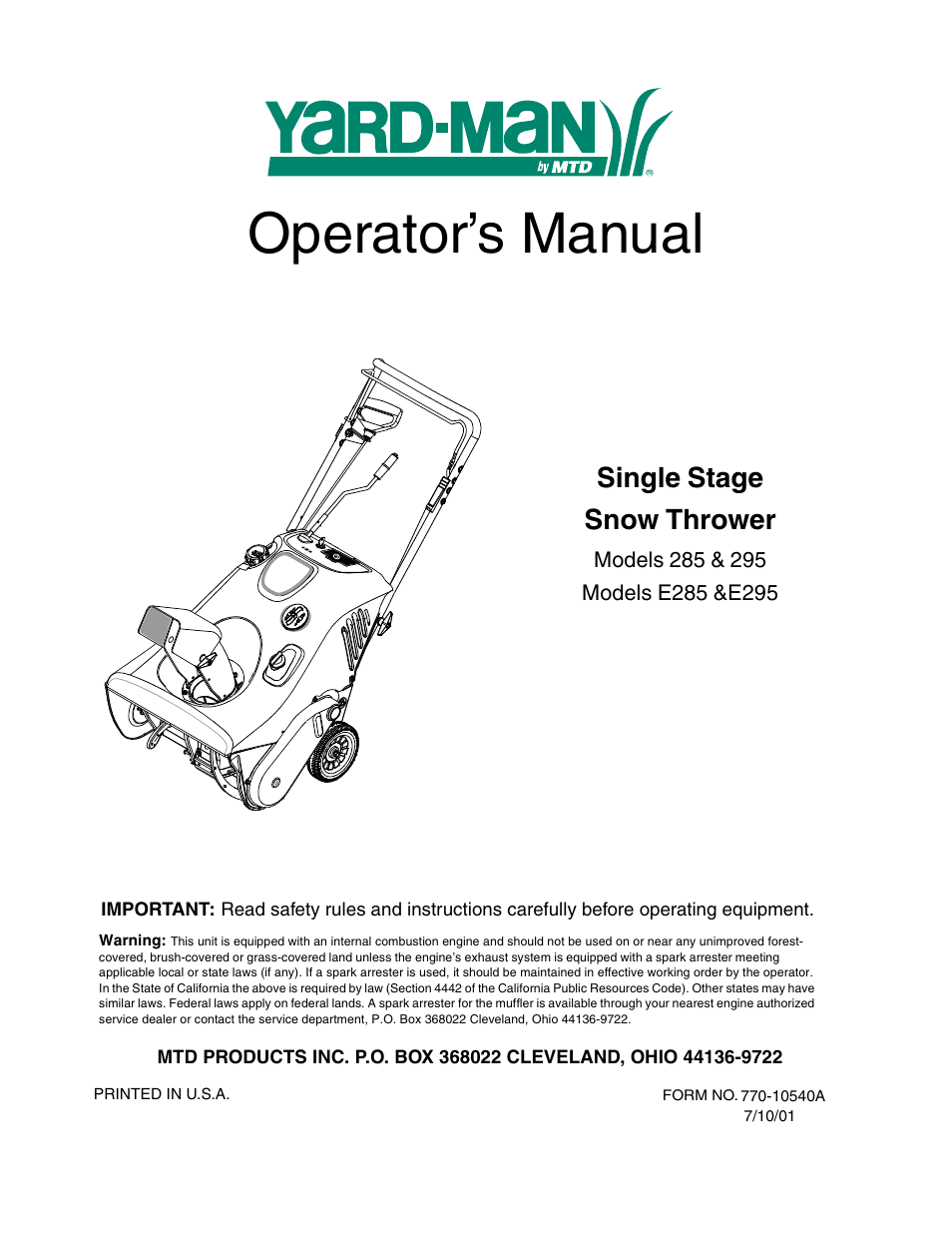 MTD 295 User Manual | 28 pages
