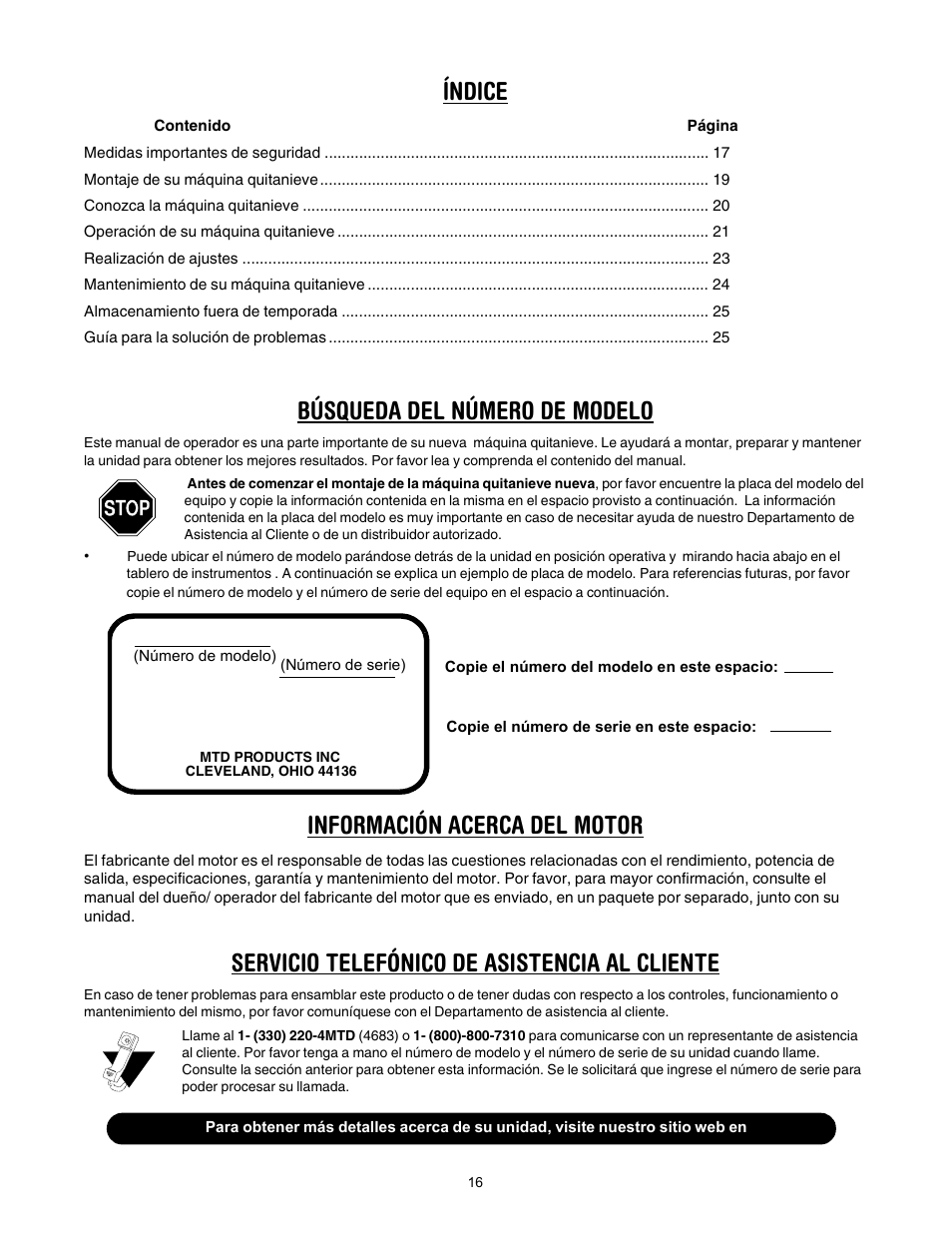 Índice, Búsqueda del número de modelo, Información acerca del motor | Servicio telefónico de asistencia al cliente | MTD 295 User Manual | Page 16 / 28