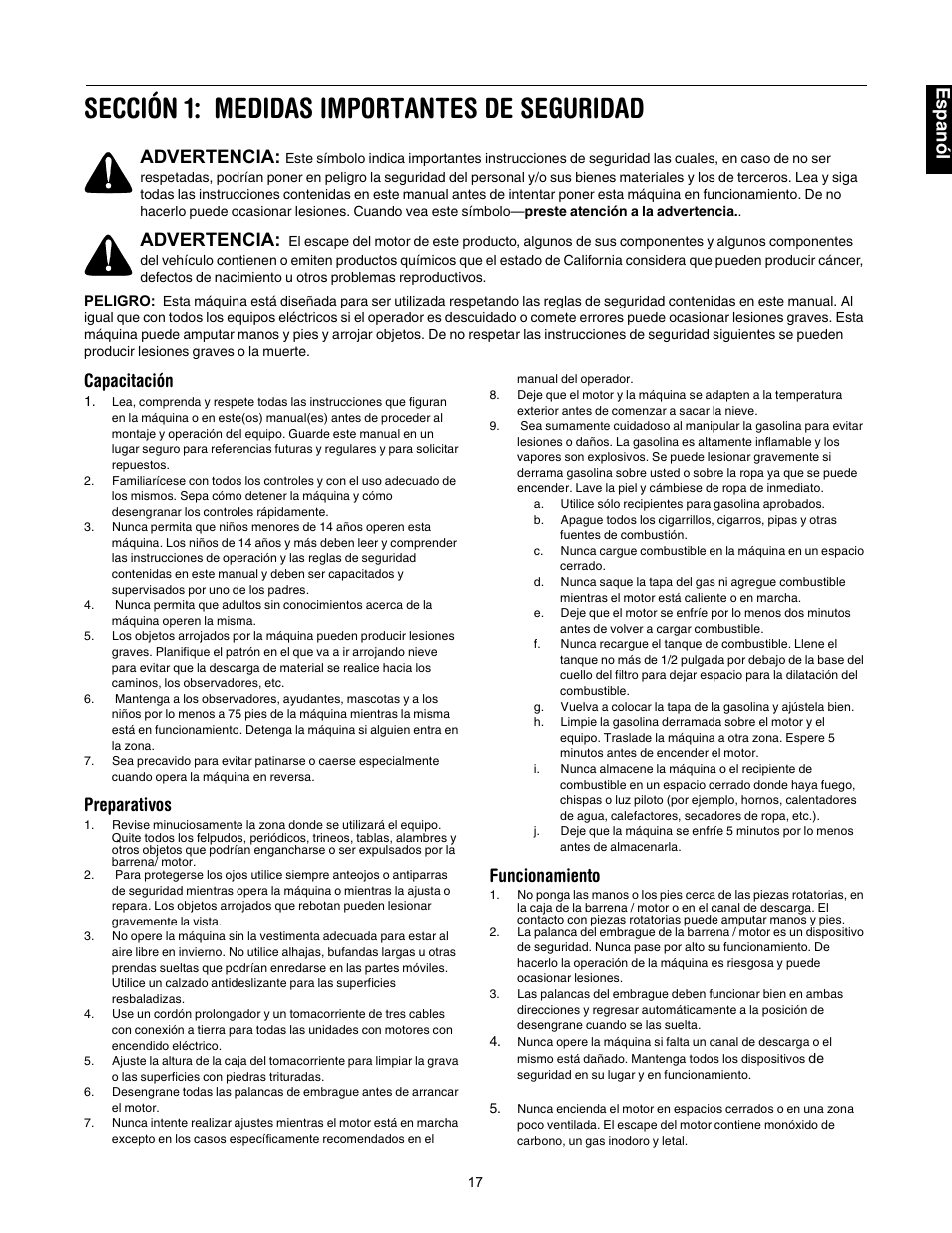 Sección 1: medidas importantes de seguridad, Capacitación, Preparativos | Funcionamiento, Advertencia, Es panó l | MTD 295 User Manual | Page 17 / 28