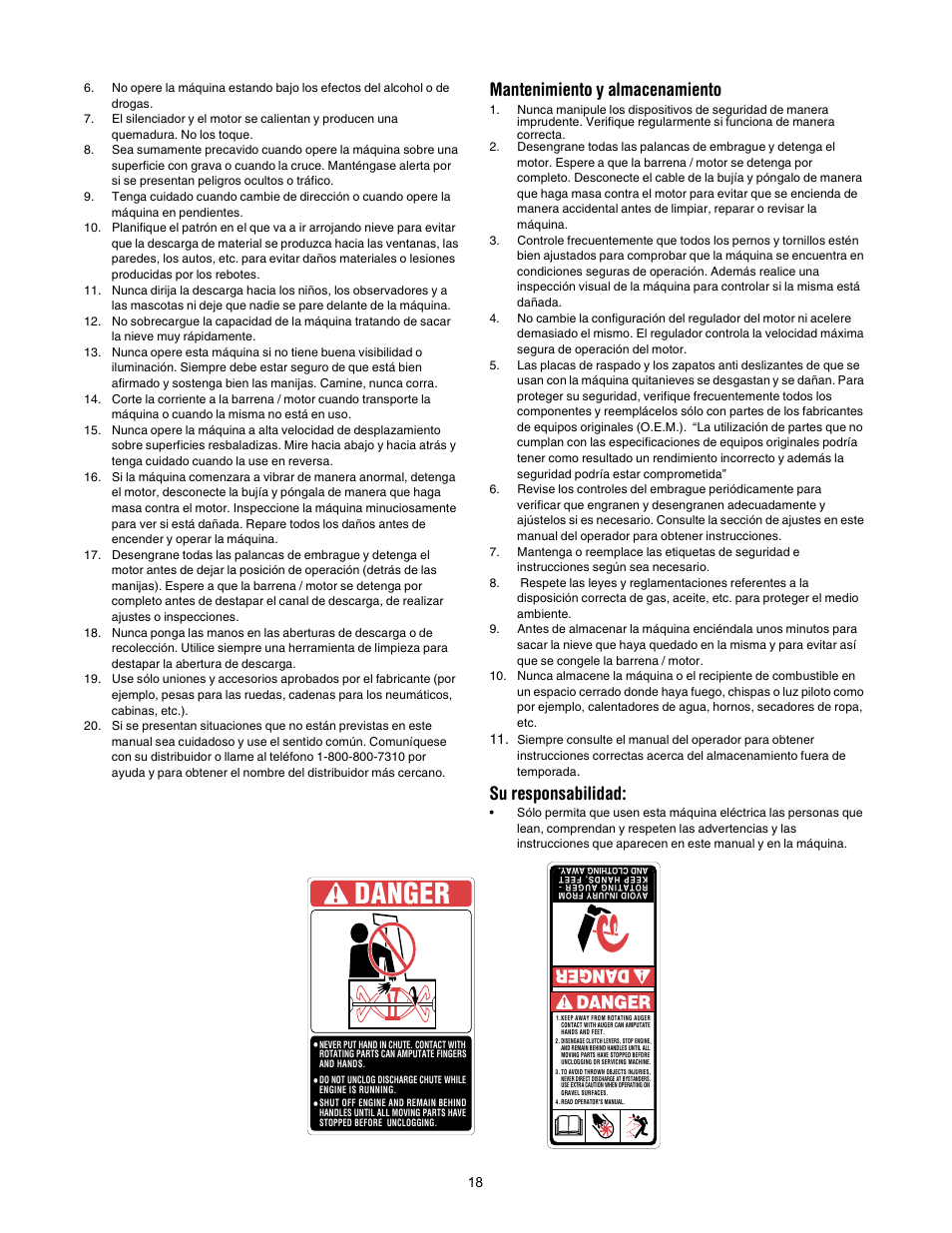 Danger, Mantenimiento y almacenamiento, Su responsabilidad | MTD 295 User Manual | Page 18 / 28