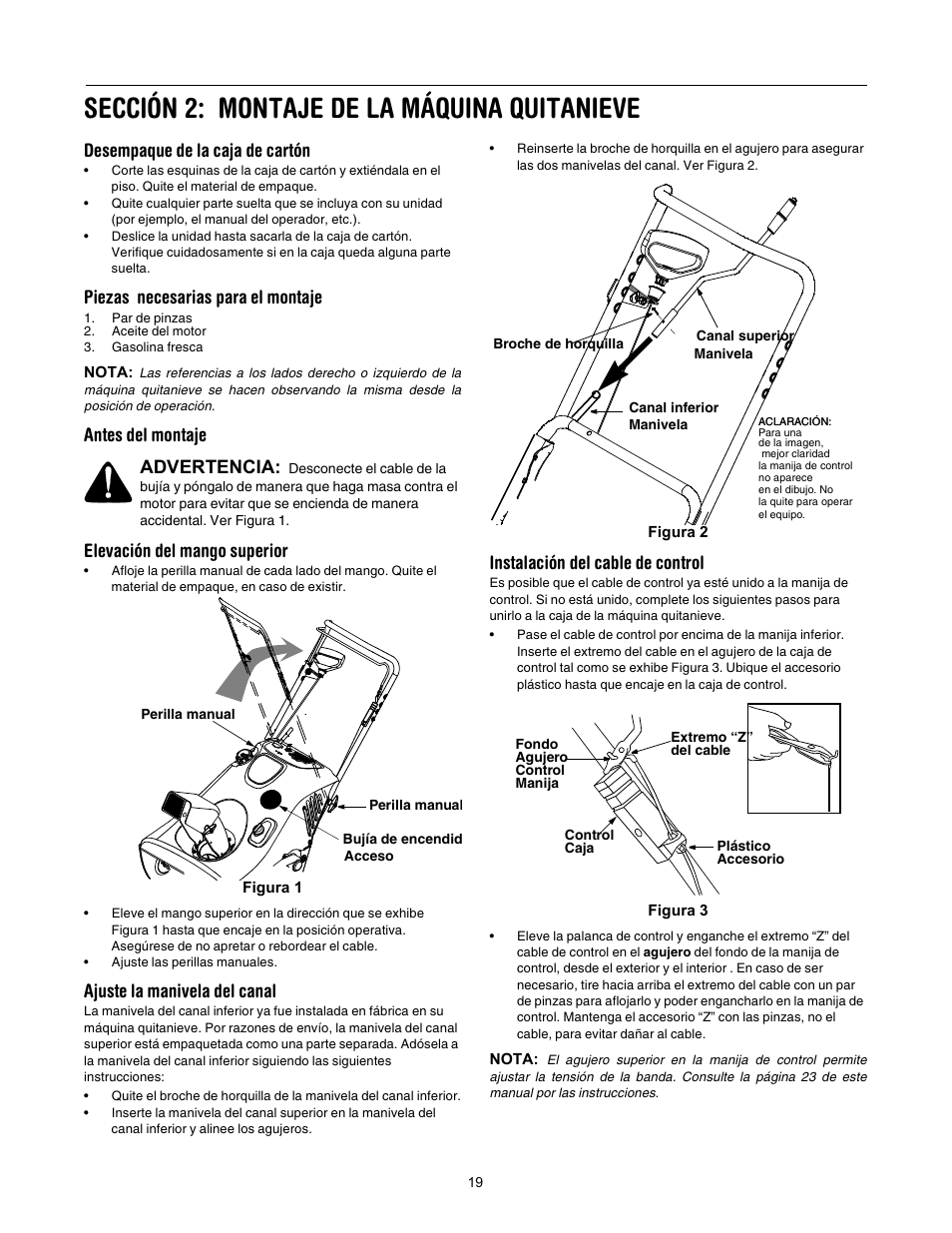 Sección 2: montaje de la máquina quitanieve, Desempaque de la caja de cartón, Piezas necesarias para el montaje | Antes del montaje elevación del mango superior, Ajuste la manivela del canal, Instalación del cable de control, Advertencia | MTD 295 User Manual | Page 19 / 28