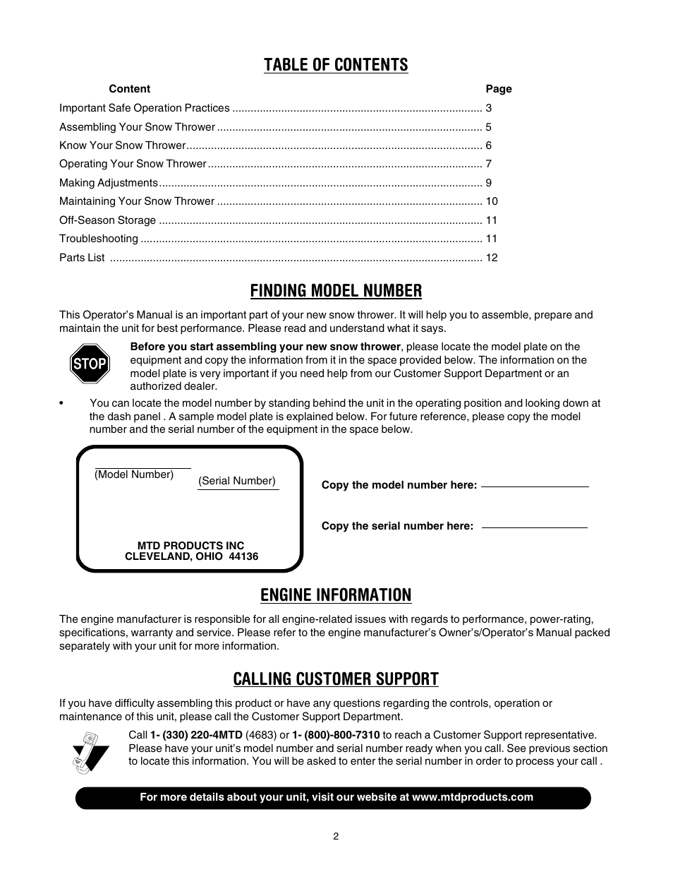 MTD 295 User Manual | Page 2 / 28