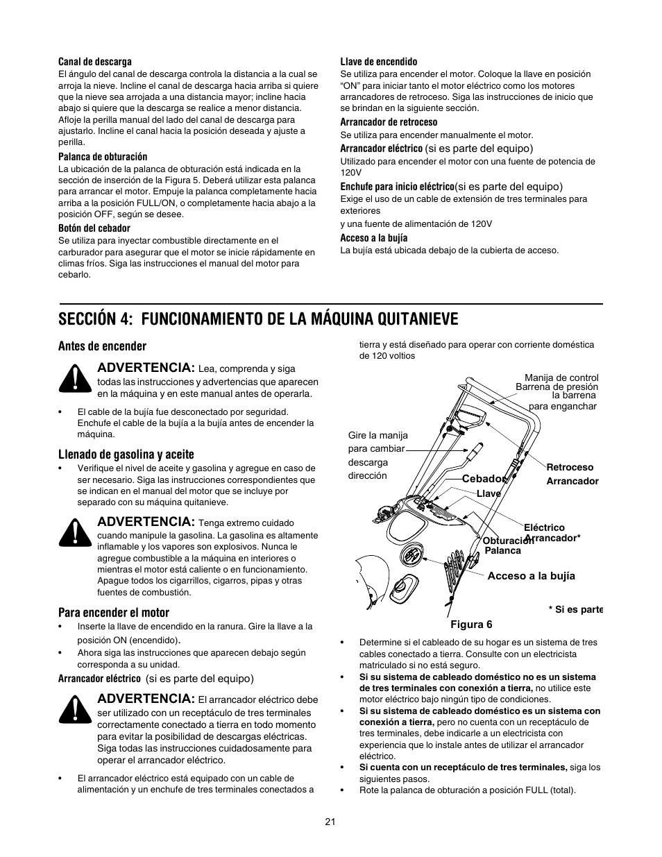 Sección 4: funcionamiento de la máquina quitanieve, Antes de encender, Llenado de gasolina y aceite | Para encender el motor, Advertencia | MTD 295 User Manual | Page 21 / 28