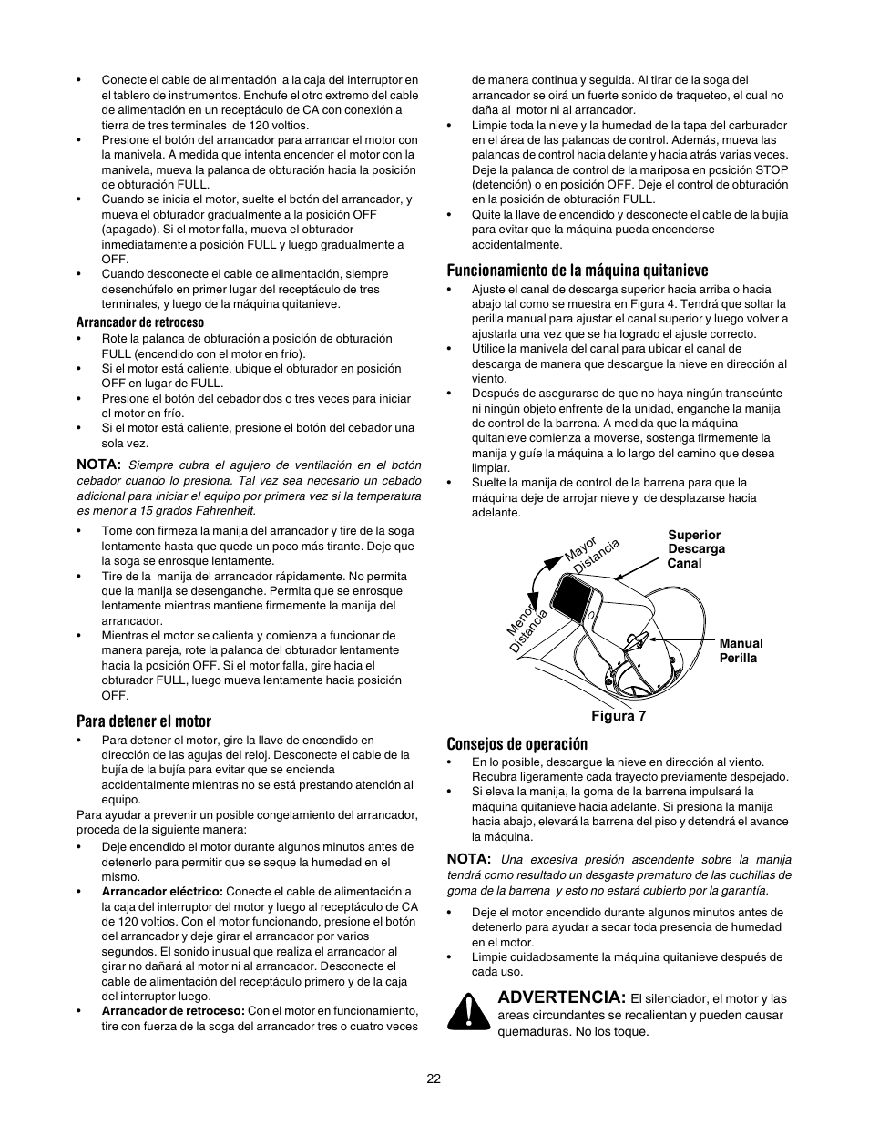 Para detener el motor, Funcionamiento de la máquina quitanieve, Consejos de operación | Advertencia | MTD 295 User Manual | Page 22 / 28