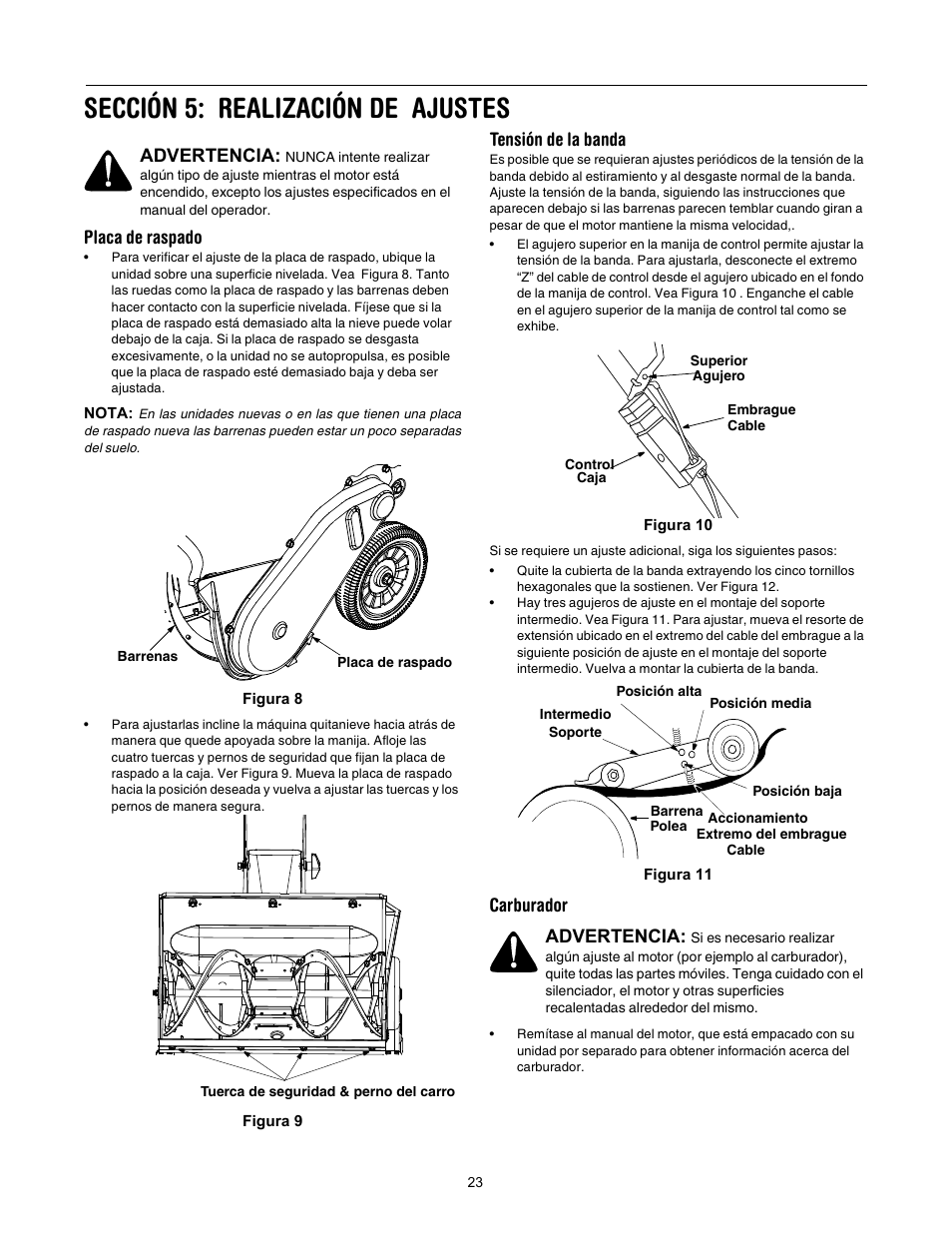 Sección 5: realización de ajustes, Placa de raspado, Tensión de la banda | Carburador, Advertencia | MTD 295 User Manual | Page 23 / 28