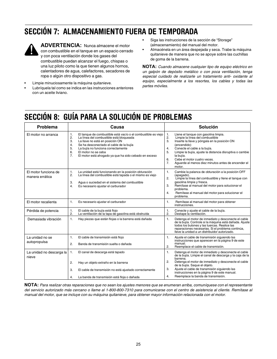 Sección 7: almacenamiento fuera de temporada, Sección 8: guía para la solución de problemas, Advertencia | Nota, Problema causa solución | MTD 295 User Manual | Page 25 / 28