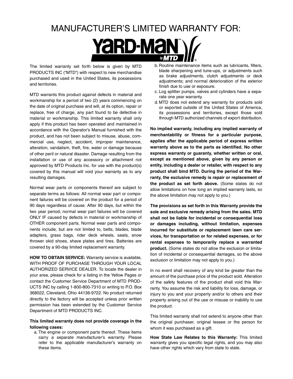 Manufacturer’s limited warranty for | MTD 295 User Manual | Page 28 / 28