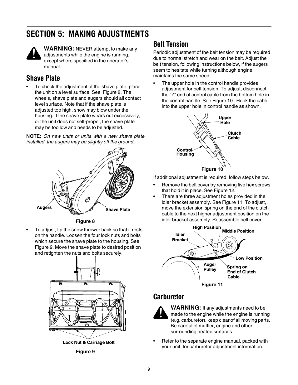 Shave plate, Belt tension, Carburetor | MTD 295 User Manual | Page 9 / 28