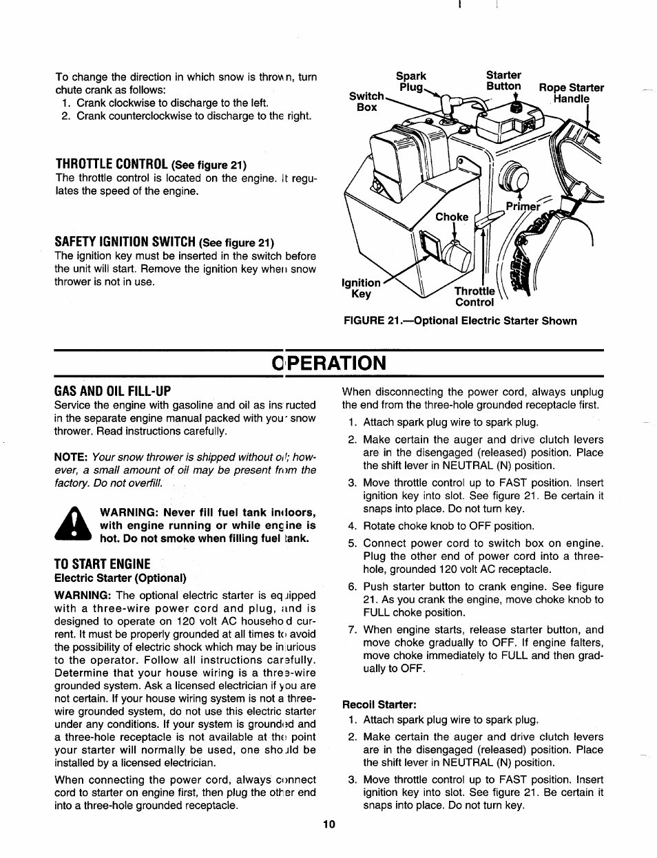 Throttle control (see figure 21), Safety ignition switch (see figure 21), Operation | Gas and oil fill-up, To start engine, Electric starter (optional), Recoil starter | MTD 312-980I000 User Manual | Page 10 / 28