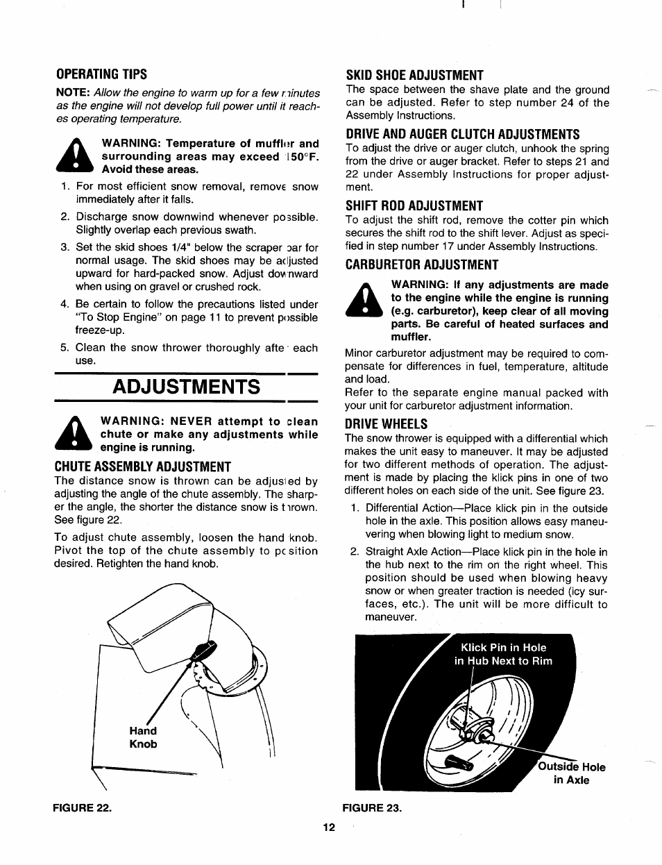 Operating tips, Adjustments, Chute assembly adjustment | Skid shde adjustment, Drive and auger clutch adjustments, Shift rdd adjustment, Carburetor adjustment, Drive wheels, Figure 22 | MTD 312-980I000 User Manual | Page 12 / 28