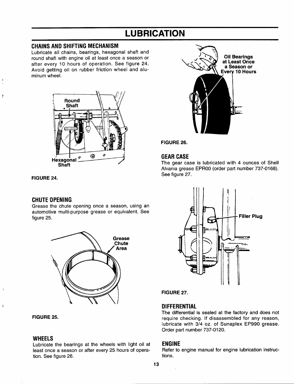 Lubrication, Chains and shifting mechanism, Figure 24 | Figure 26, Gear case, Chute opening, Figure 25, Wheels, Figure 27, Differential | MTD 312-980I000 User Manual | Page 13 / 28