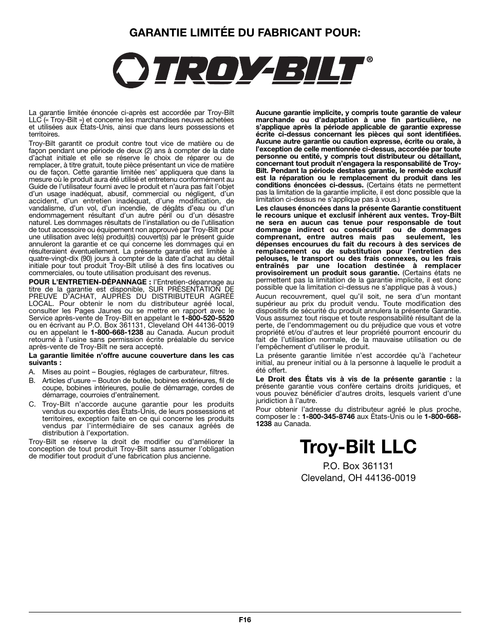 Troy-bilt llc, Garantie limitée du fabricant pour | MTD TB26CO User Manual | Page 32 / 52