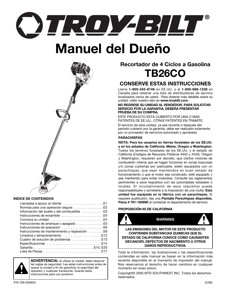 Manuel del dueño, Tb26co, Recortador de 4 ciclos a gasolina | Conserve estas instrucciones | MTD TB26CO User Manual | Page 33 / 52