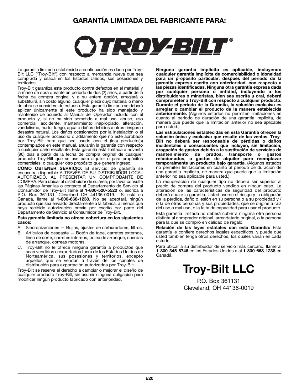 Troy-bilt llc, Garantía limitada del fabricante para | MTD TB26CO User Manual | Page 52 / 52