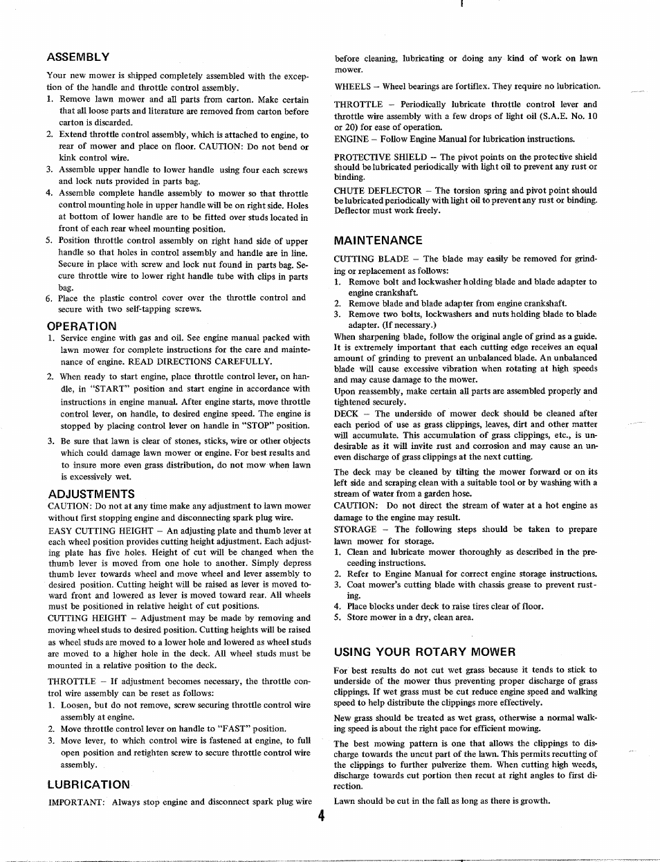 Assembly, Operation, Adjustments | Lubrication, Maintenance, Using your rotary mower | MTD 112-310 User Manual | Page 4 / 6