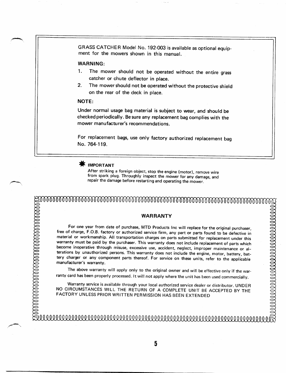 Warning, Note, Warranty | MTD 112-310 User Manual | Page 5 / 6