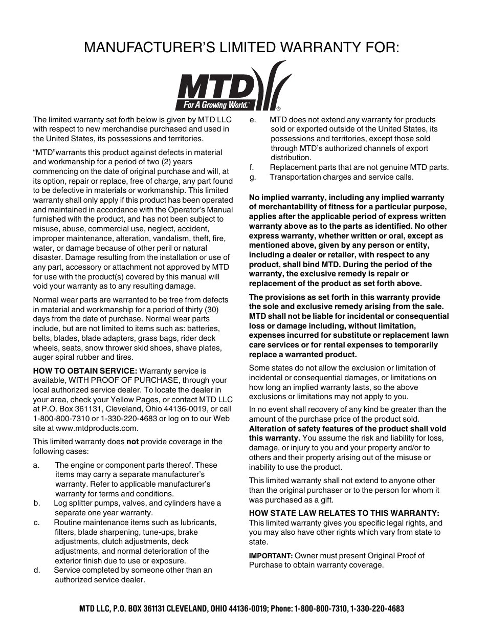 Manufacturer’s limited warranty for | MTD 454 User Manual | Page 20 / 20