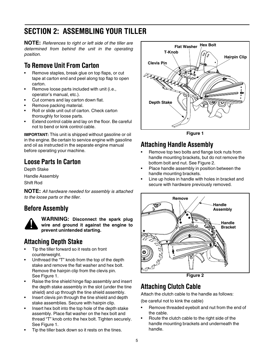 Figure 1, Figure 2, Loose parts in carton | Before assembly, Attaching depth stake, Attaching handle assembly, Attaching clutch cable | MTD 454 User Manual | Page 5 / 20