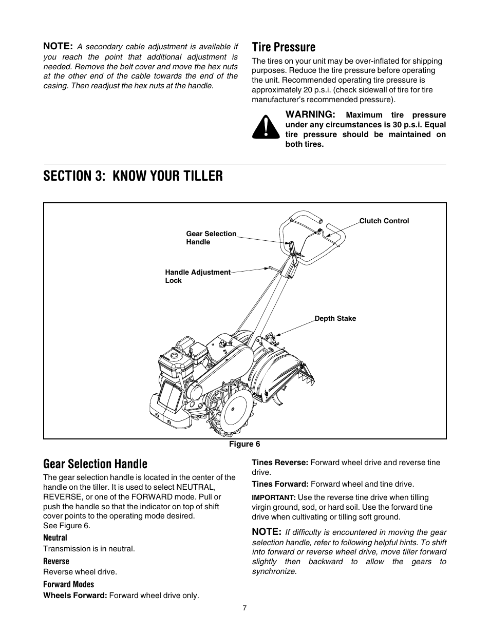 Figure 6, Ee figure 6, Tire pressure | Gear selection handle | MTD 454 User Manual | Page 7 / 20