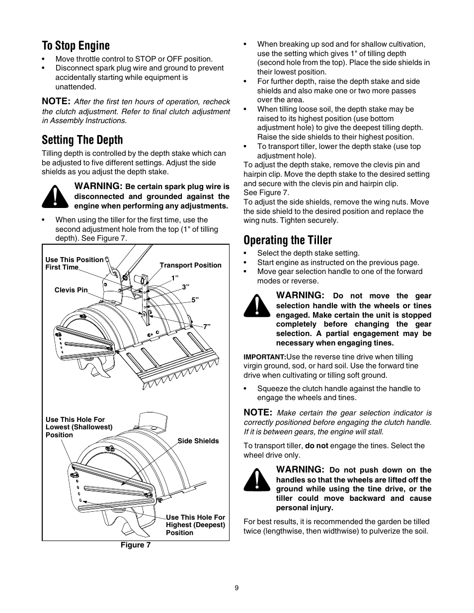 Figure 7, Setting the depth, Operating the tiller | MTD 454 User Manual | Page 9 / 20