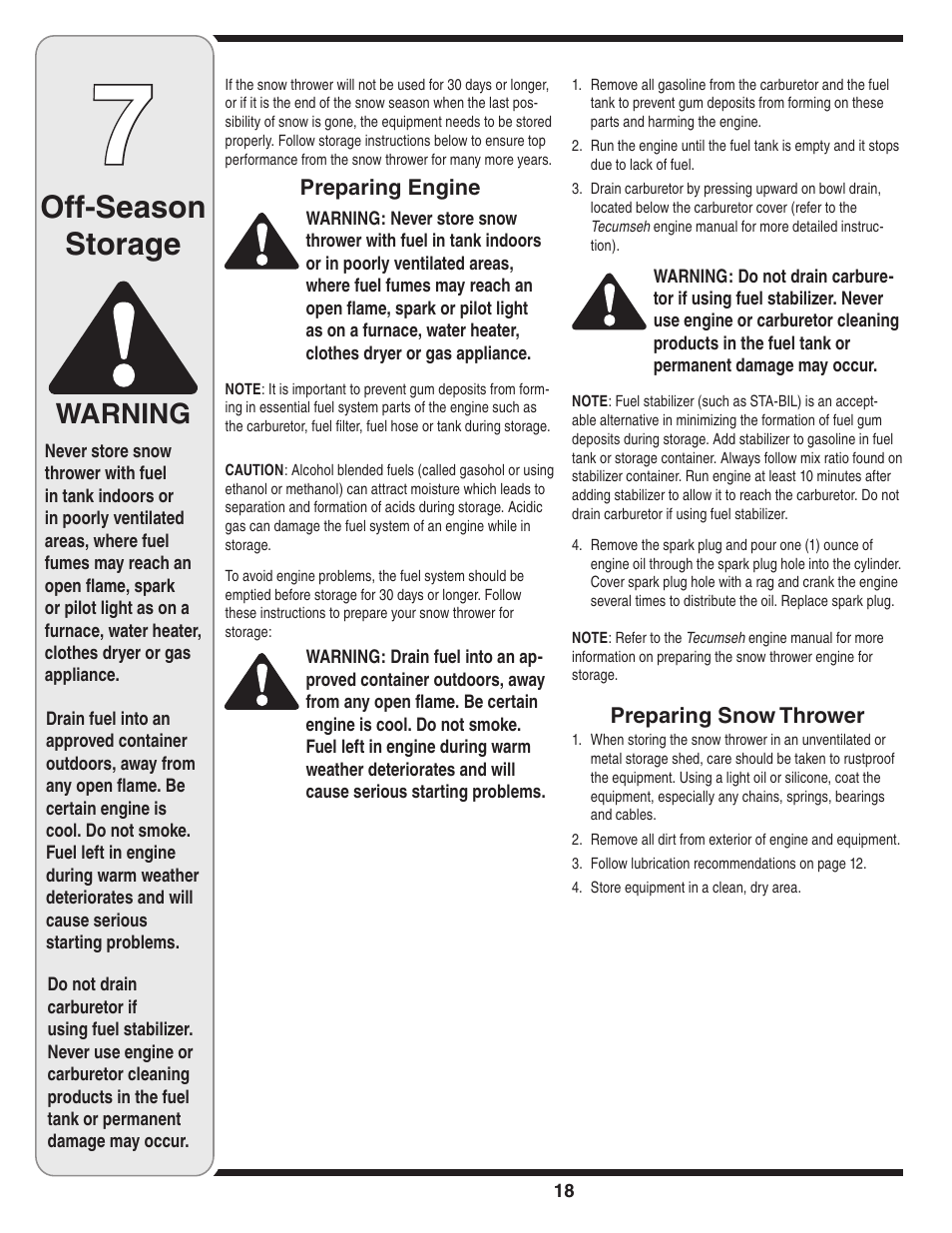 Off-season storage, Warning | MTD D Style User Manual | Page 18 / 28