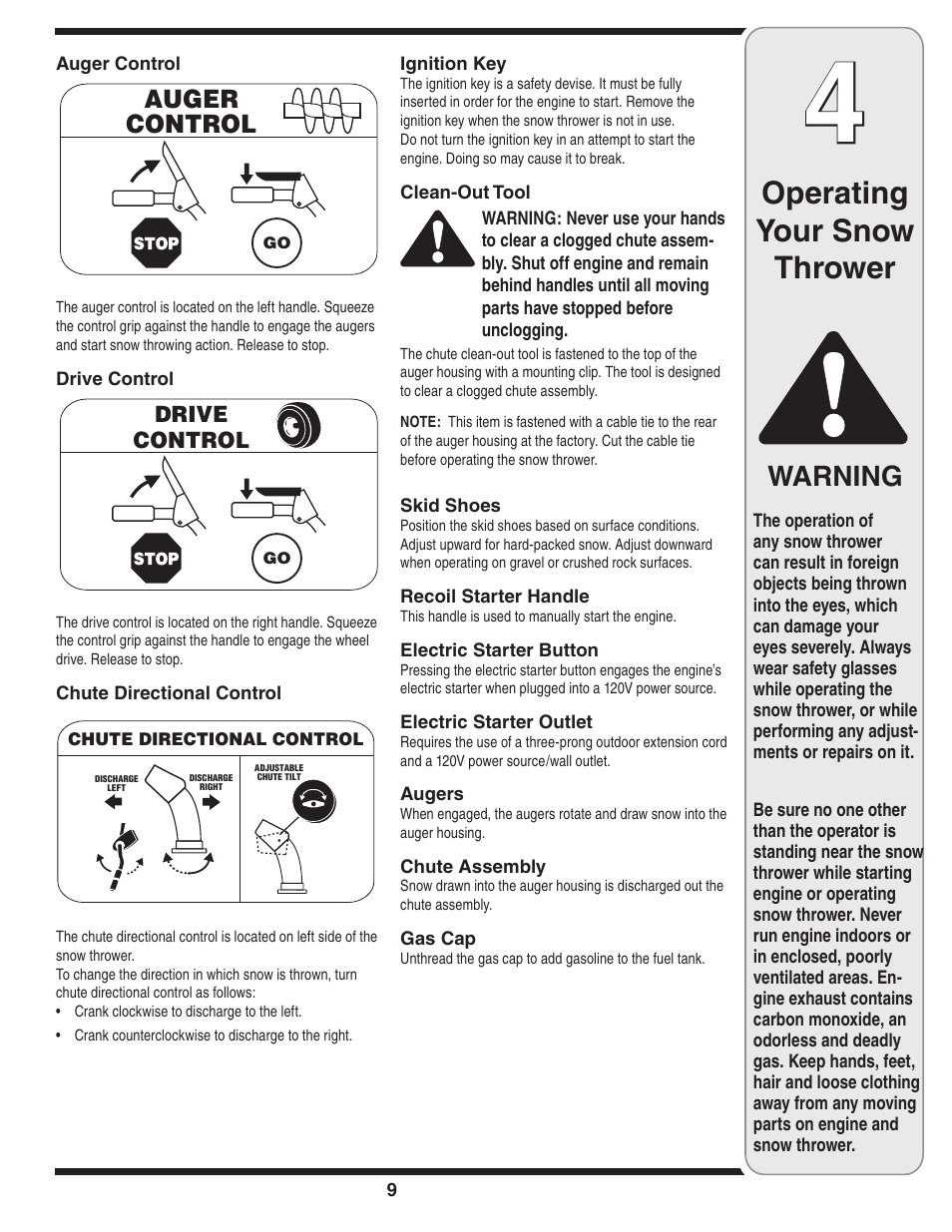 Operating your snow thrower, Warning | MTD D Style User Manual | Page 9 / 28