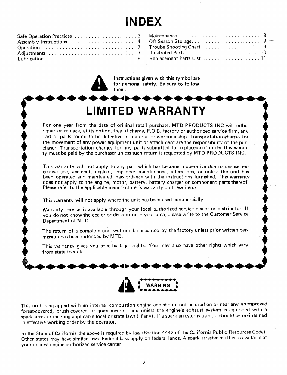 Index, Limited warranty, Ac warning | MTD 245-596-000 User Manual | Page 2 / 12