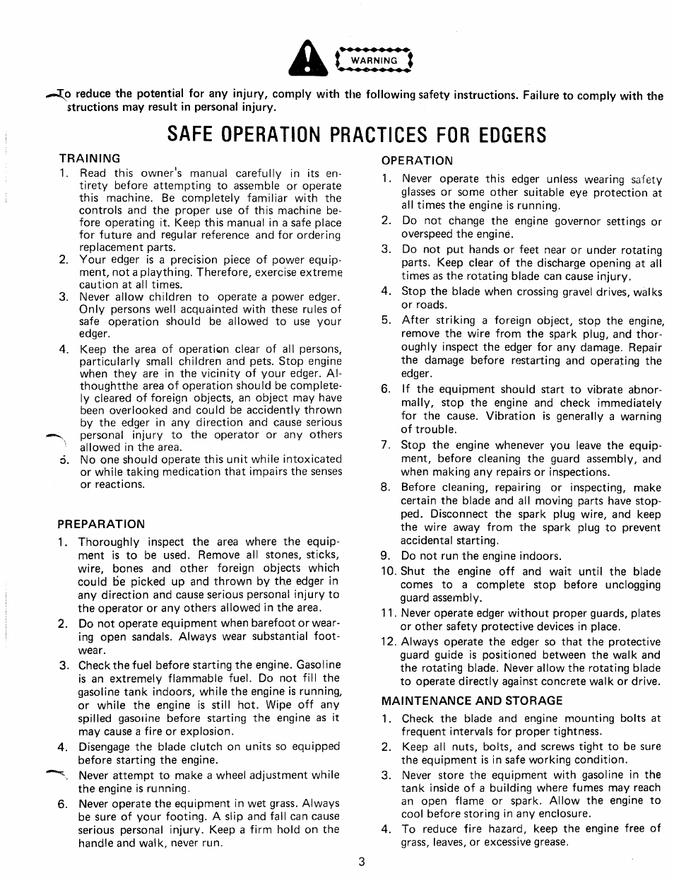 Trainimg, Preparation, Operation | Maintenance and storage, Safe operation practices for edgers | MTD 245-596-000 User Manual | Page 3 / 12