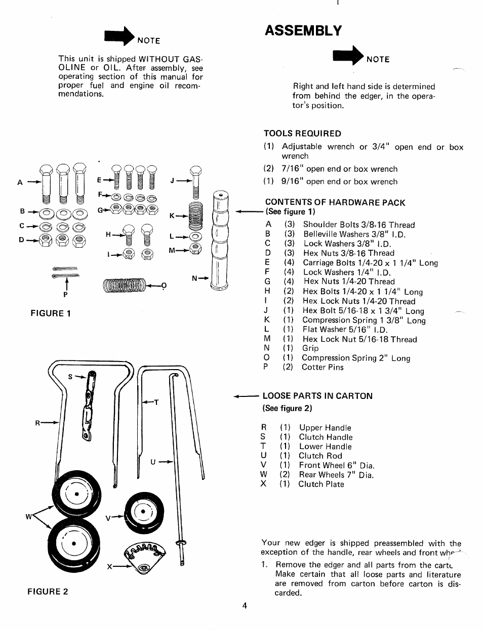 Assembly, Tools required, Contents of hardware pack - (see figure 1) | Loose parts in carton (see figure 2) | MTD 245-596-000 User Manual | Page 4 / 12