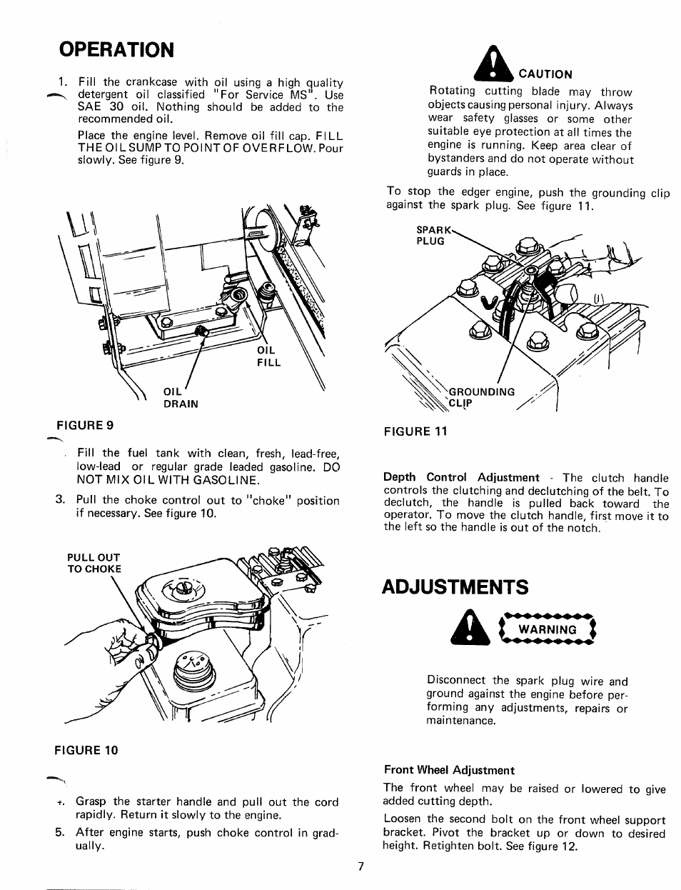 Operation, Caution, Adjustments | Front wheel adjustment | MTD 245-596-000 User Manual | Page 7 / 12