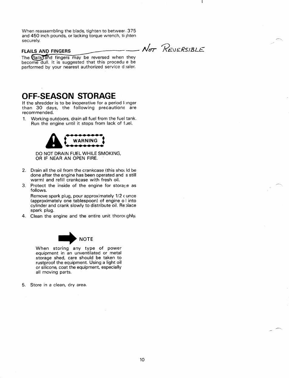 Flails and fingers, Off-season storage, Warning | MTD 24650-9 User Manual | Page 10 / 16