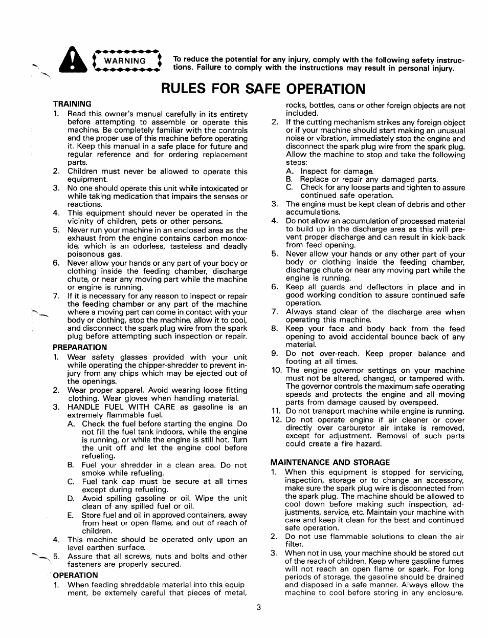 Warning, Rules for safe operation, Training | Preparation, Operation, Maintenance and storage | MTD 24650-9 User Manual | Page 3 / 16