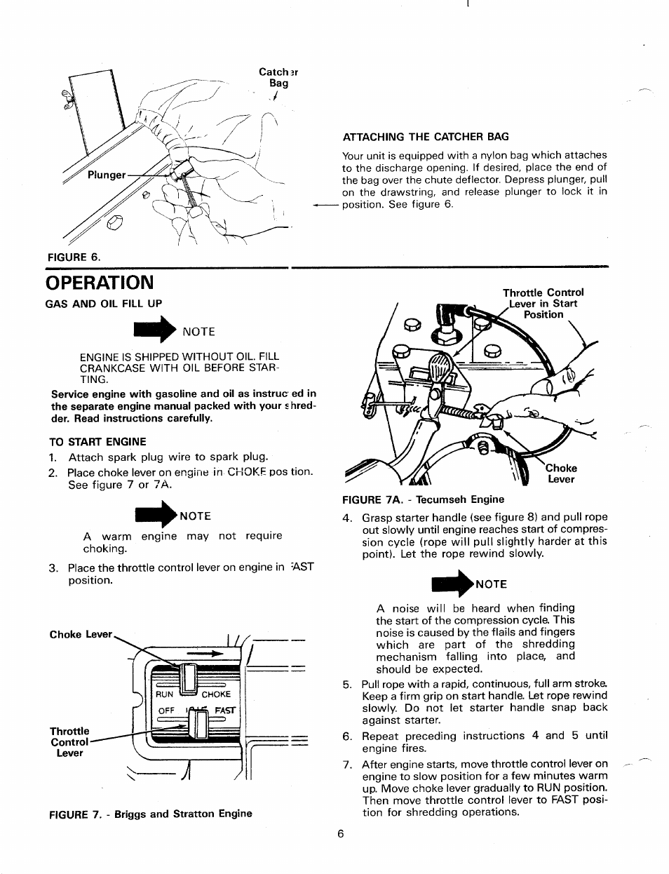 Attaching the catcher bag, Operation, Gas and oil fill up | To start engine, Note | MTD 24650-9 User Manual | Page 6 / 16