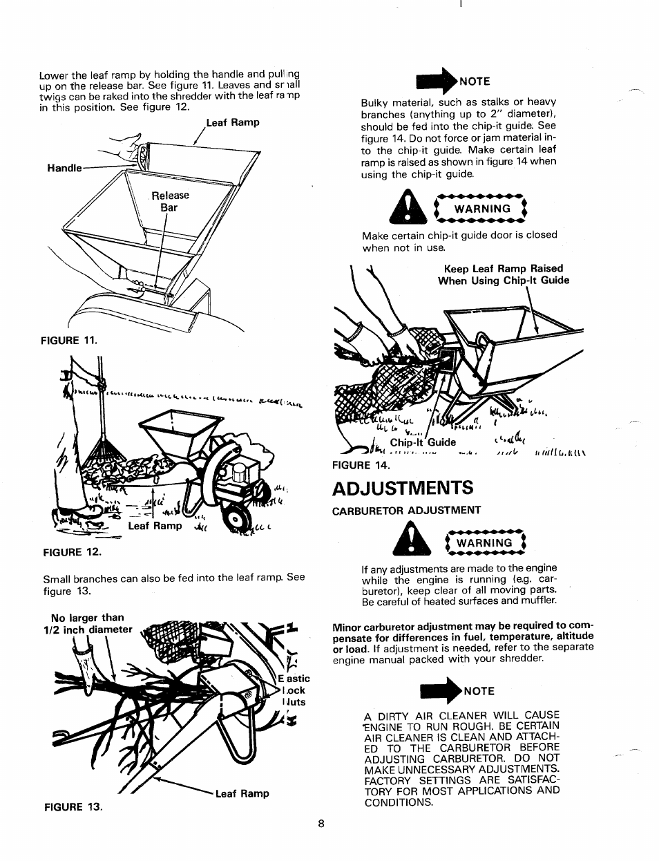 Adjustments, Carburetor adjustment, Warning j | T warning i | MTD 24650-9 User Manual | Page 8 / 16