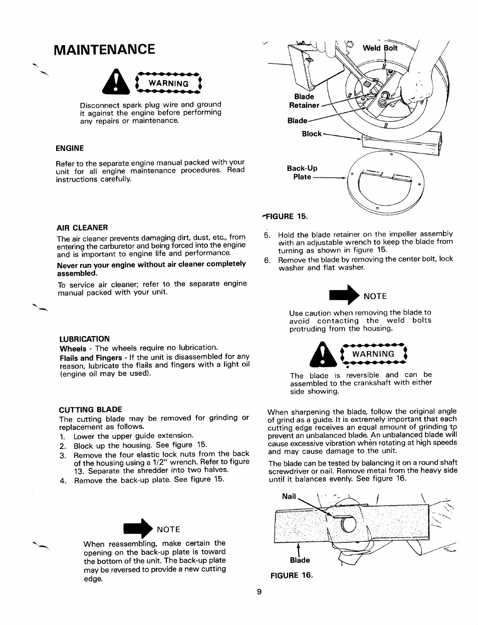 Maintenance, Engine, Air cleaner | Lubrication, Cutting blade | MTD 24650-9 User Manual | Page 9 / 16