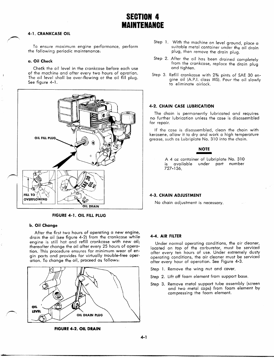 Section 4 maintenance, 1. crankcase oil, A. oil check | 2. chain case lubrication, Note, 3. chain adjustment, Figure 4-1. oil fill plug, B. oil change, 4. air filter | MTD 1850 User Manual | Page 11 / 23