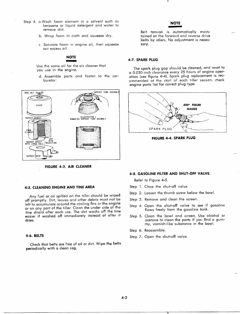 Note, 7. spark plug, 5. cleaning engine and tine area | 6. belts, 8. gasoline filter and shut-off valve | MTD 1850 User Manual | Page 12 / 23