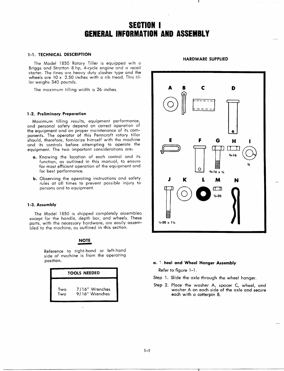 Section i, General information and assembly, 1. technical description | 2. preliminary preparation, 3. assembly, Note, A. ' heel and wheel hanger assembly, Technical description -1, Preliminary preparation -1, Assembly -1 | MTD 1850 User Manual | Page 4 / 23