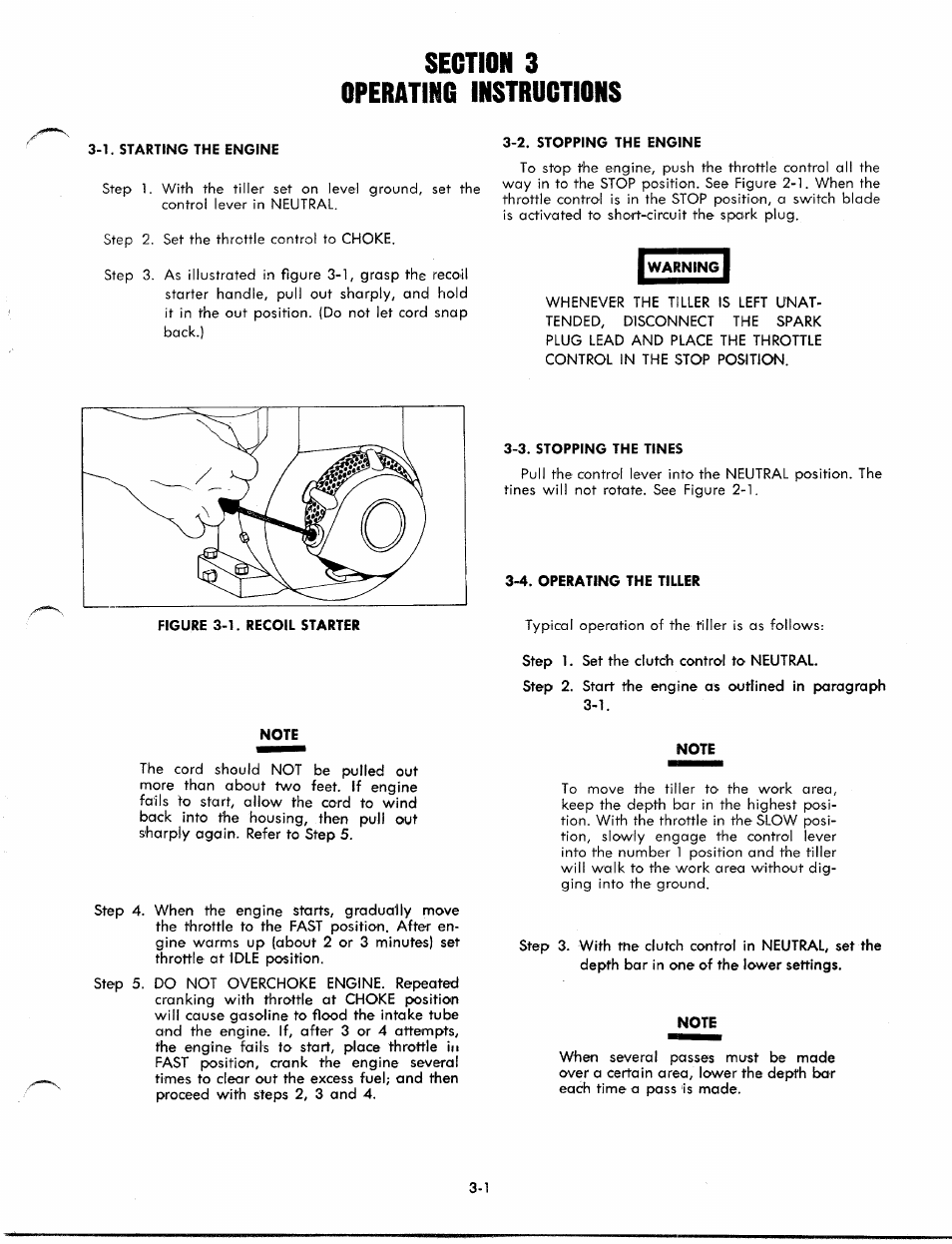 Section 3, Operatinc instructions, 1. starting the engine | 2. stopping the engine, Note, 3. stopping the tines, 4. operating the tiller | MTD 1850 User Manual | Page 9 / 23