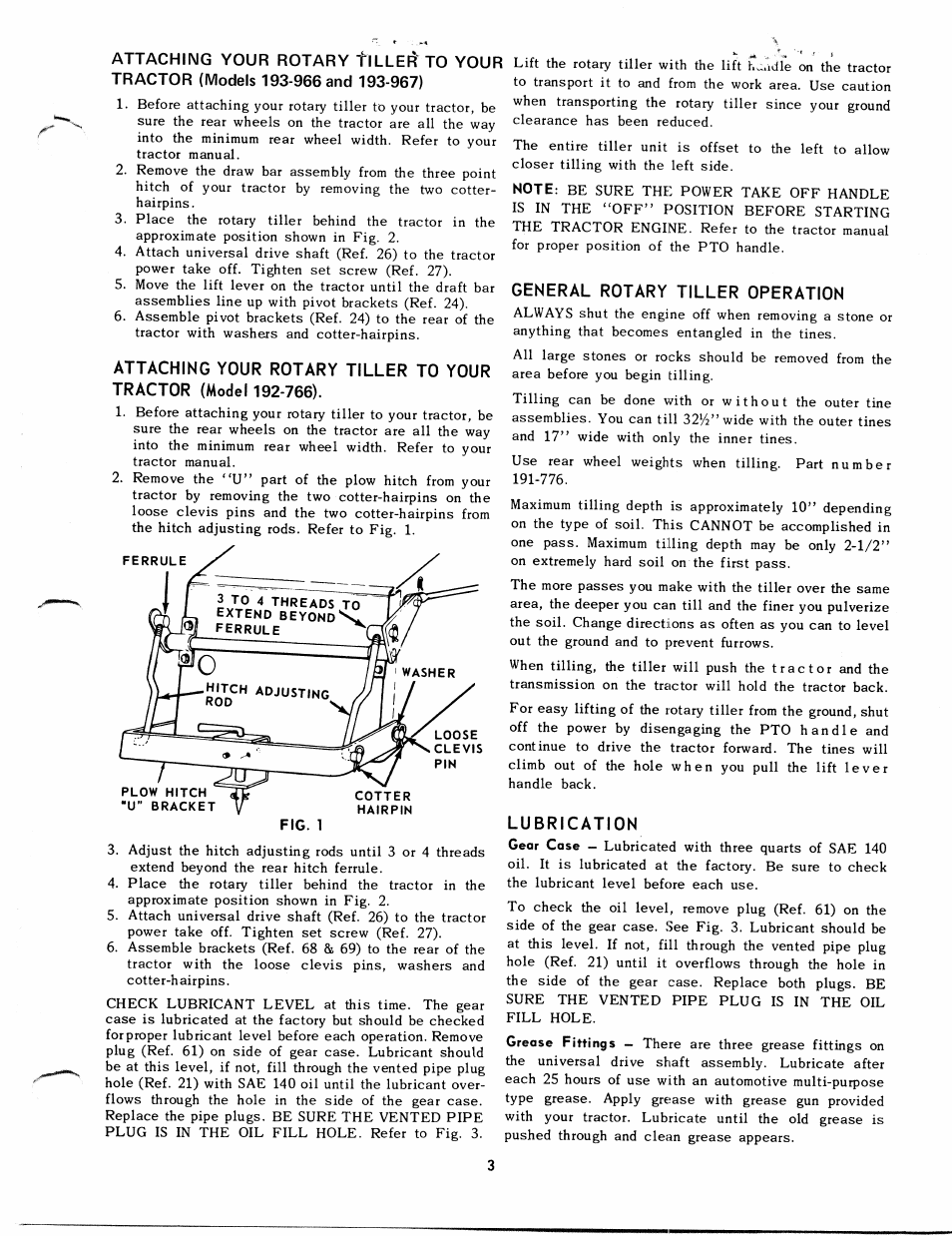 General rotary tiller operation, Lubrication | MTD 192-766 User Manual | Page 3 / 8