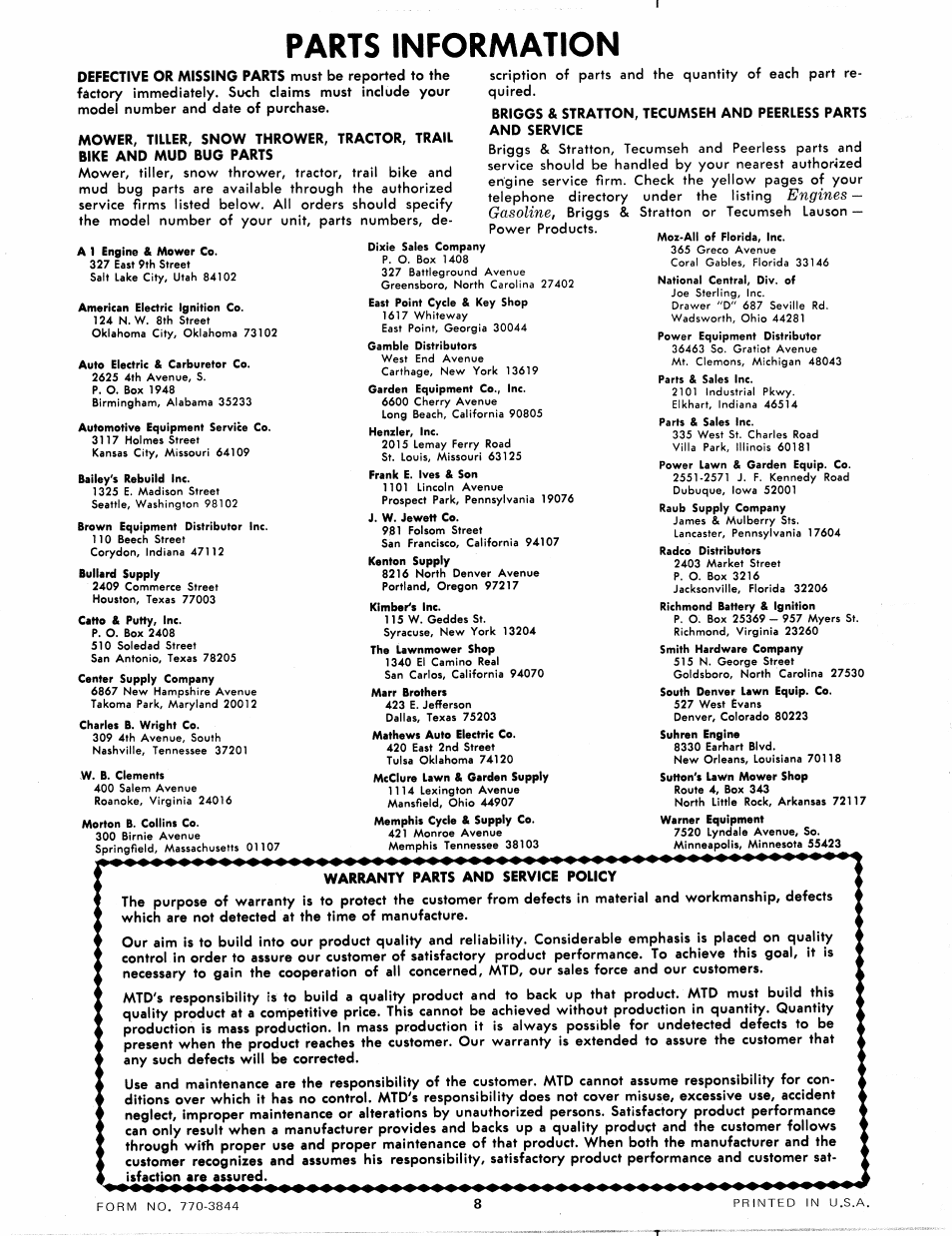 Parts information, Engines, Gasoline | MTD 192-766 User Manual | Page 8 / 8