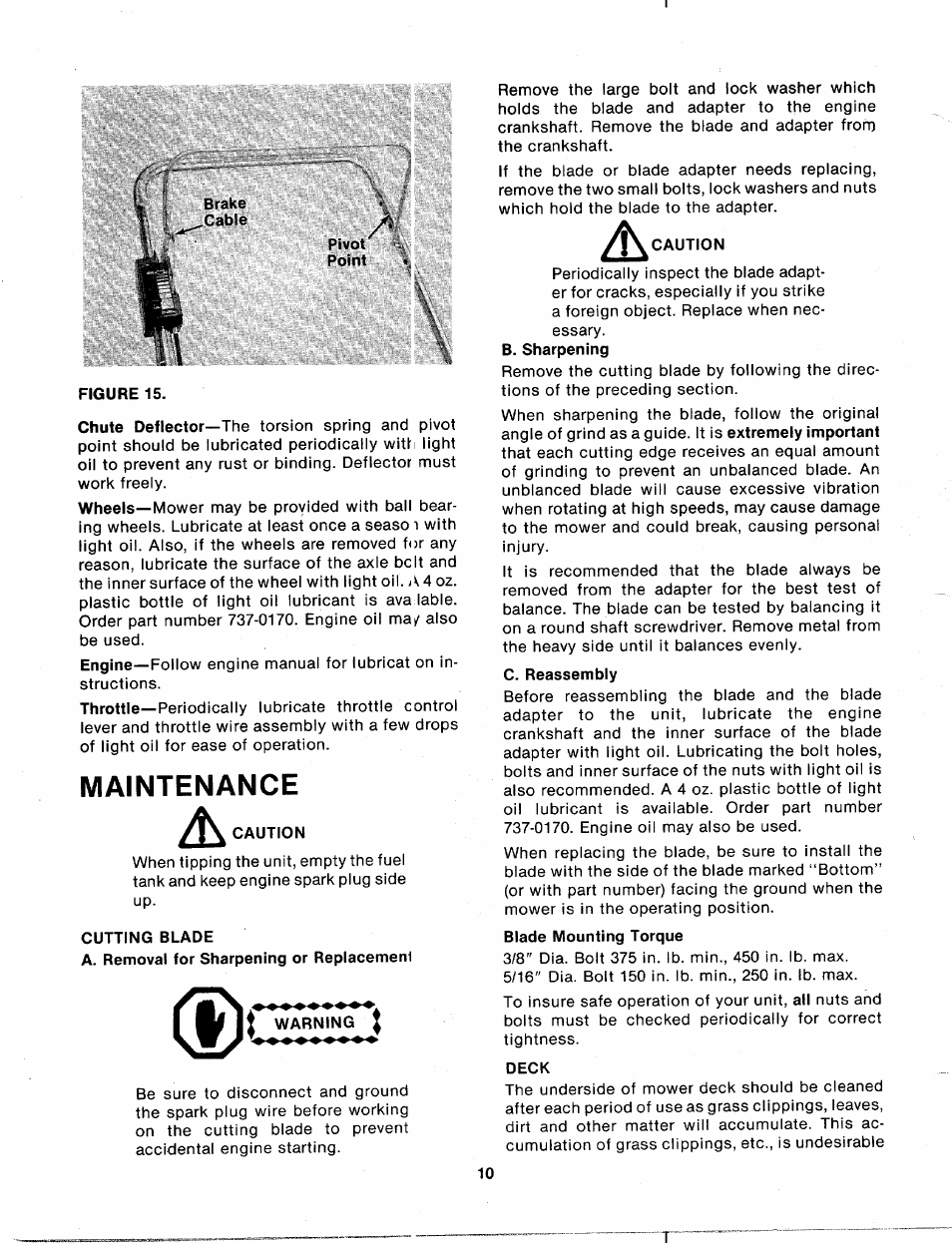 Pivot, Figure 15, Maintenance | Caution, Cutting blade, Warning, Deck | MTD 113-120A User Manual | Page 10 / 14