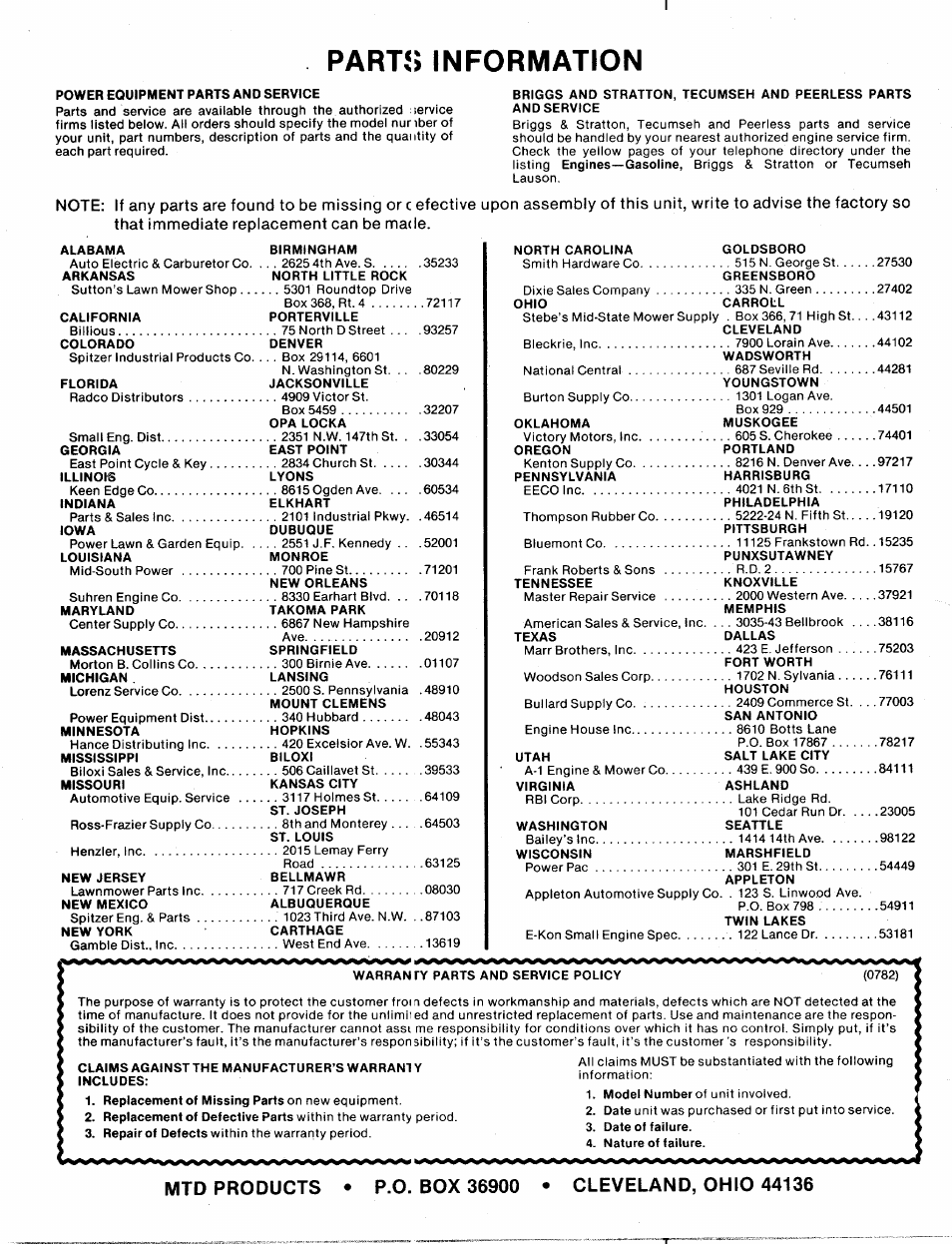 Parts information | MTD 113-120A User Manual | Page 14 / 14