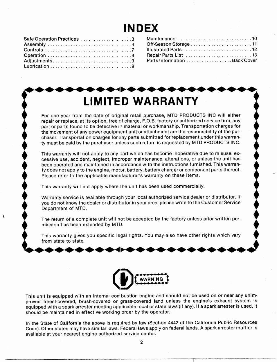 Index, Limited warranty, Vlimited warranty | MTD 113-120A User Manual | Page 2 / 14