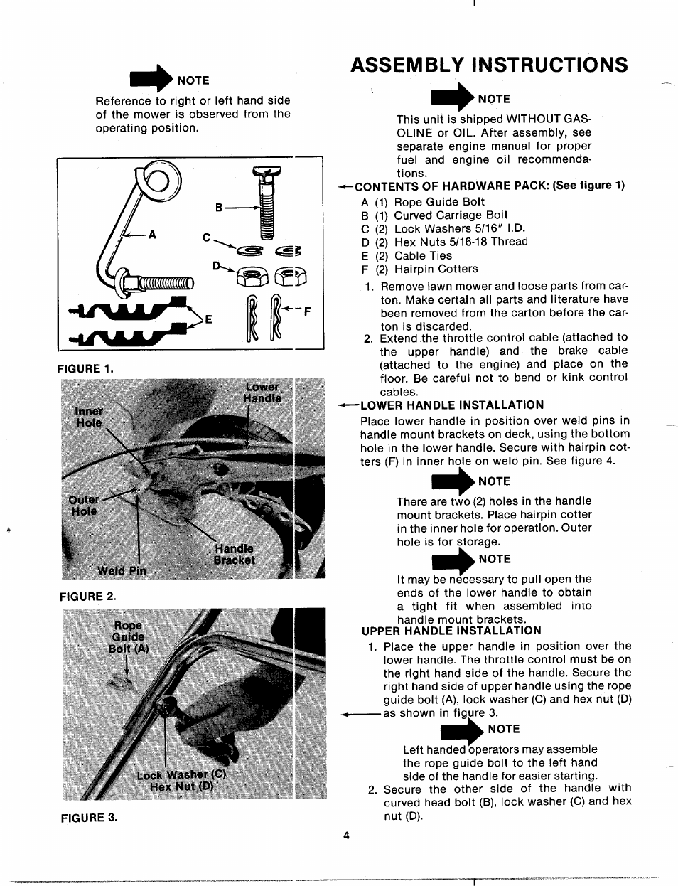 Note, Assembly instructions, Lower handle installation | Upper handle installation | MTD 113-120A User Manual | Page 4 / 14