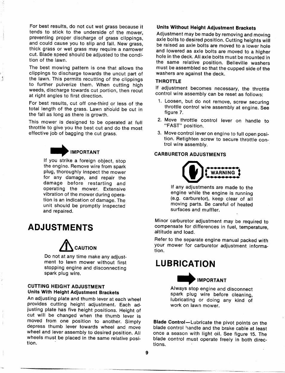 Important, Adjustments, Units without height adjustment brackets | Throttle, Carburetor adjustments, Lubrication | MTD 113-120A User Manual | Page 9 / 14