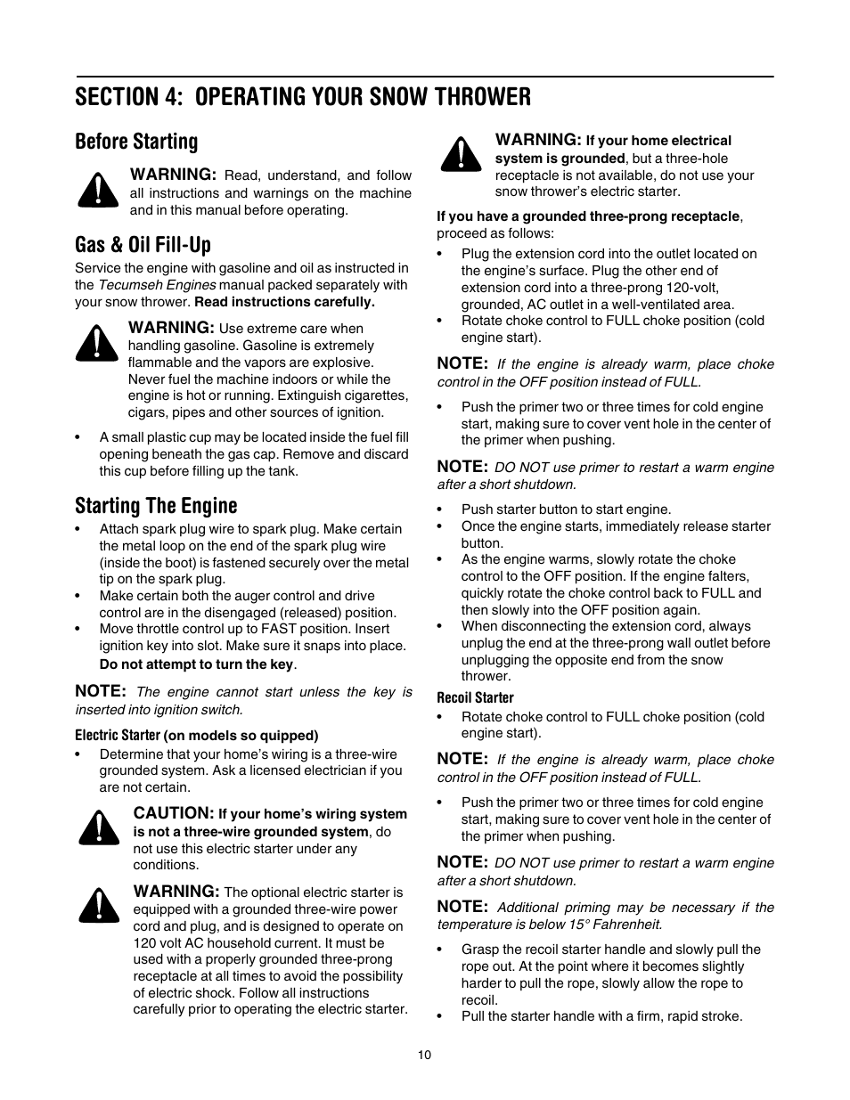 Section 4: operating your snow thrower, Before starting, Gas & oil fill-up | Starting the engine | MTD 769-01276A User Manual | Page 10 / 28