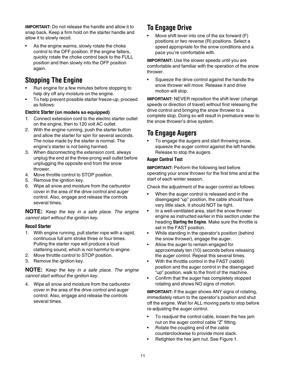 Stopping the engine, To engage drive, To engage augers | MTD 769-01276A User Manual | Page 11 / 28