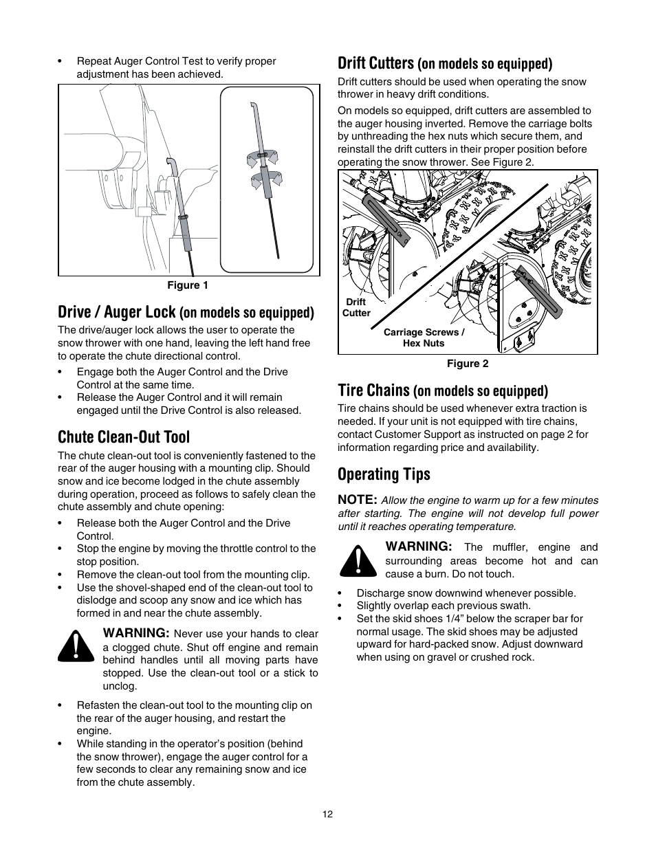Drive / auger lock (on models so equipped), Chute clean-out tool, Drift cutters (on models so equipped) | Tire chains (on models so equipped), Operating tips, Drive / auger lock, Drift cutters, Tire chains, On models so equipped) | MTD 769-01276A User Manual | Page 12 / 28